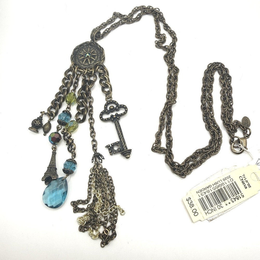 2028 Tassel Necklace 30" Bronze Medallion Key Green Blue AB Stones Steampunk